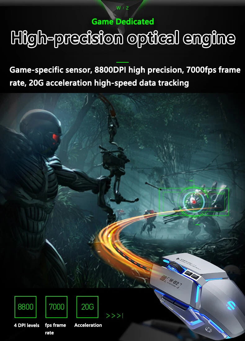 Inphic W2 2. Generation USB-kabelgebundene Gaming-Maus mit Silent Click, Metall-Style, 6-Tasten-Makroprogrammierung, 8800DPI