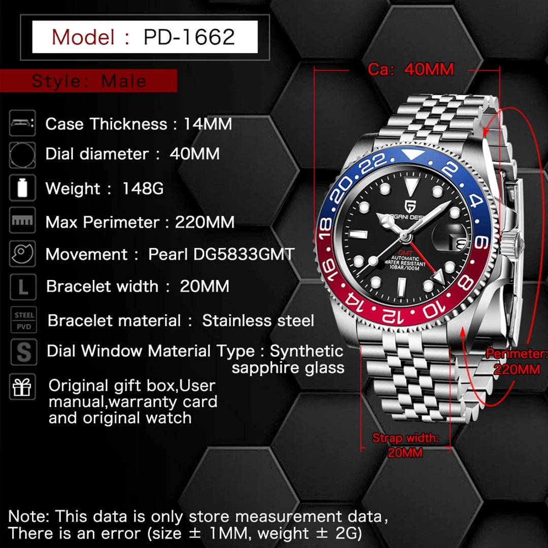 2026 Nuovo PAGANI DESIGN Orologio meccanico di lusso da uomo in acciaio inossidabile GMT Top Brand Vetro zaffiro Orologio da uomo