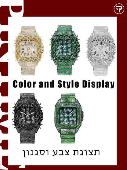 Shine Luxury Hip-Hop Diamond Watch with Emeralds for Men Replica Czech Stone Inlaid Waterproof Gold Watch שעוני יוקרה