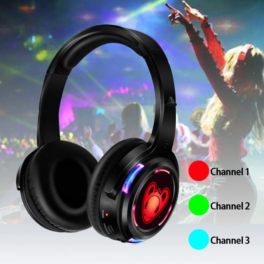 Cuffie wireless Silent Disco RF LED DJ Party 863–865MHz/915MHz con illuminazione LED a 3 canali e batteria da 10H