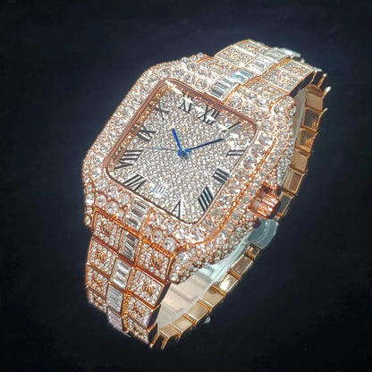 Luxury Diamond Watch for Men Hip Hop Style Bling Bling Iced Out Wristwatch Fashion Square Stainless Steel Waterproof Clock 2024