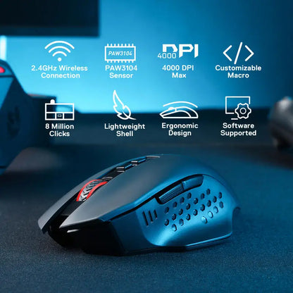 Ratón gaming inalámbrico Redragon M656 Gainer, 4000 DPI, ratón gamer inalámbrico 2.4Ghz con 5 niveles de DPI, 7 botones macro, retroiluminación LED roja