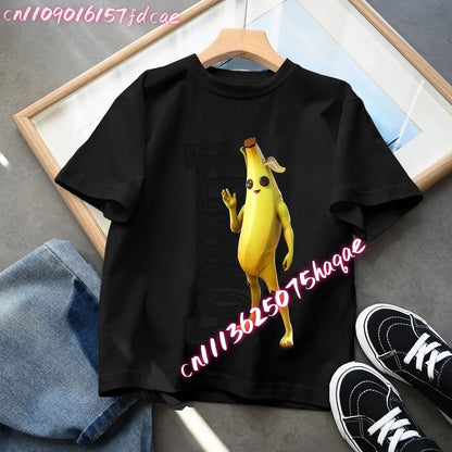 T-shirt preta em algodão para criança Fortnites Fortress Night, manga curta, estilo cartoon, para menino e menina, roupa de verão kawaii, top para oferta