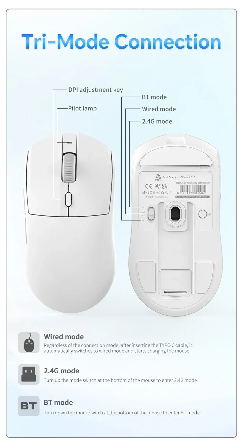 AJAZZ AJ139 V2 MC/AJ139 PRO kabellose Gaming-Maus mit PAW3311/PAW3395-Sensor, 12000DPI/26000DPI, 500mAh, Bluetooth-Gaming-Maus für PC