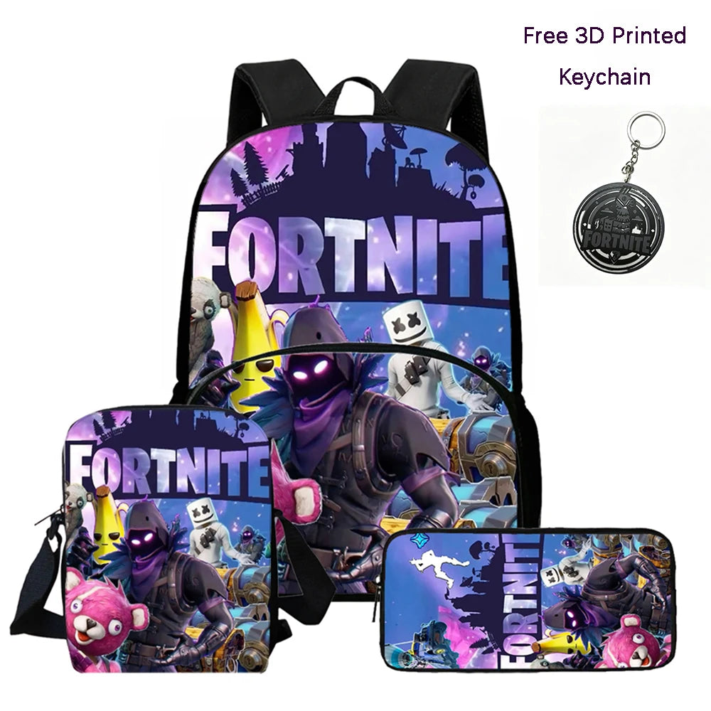 FORTNITE 3Pcs Lightweight Backpack With Front Pocket,Crossbody Bag&Pencil Case For Age 6-10 Boys Girls,Free 3D Printed Keychain