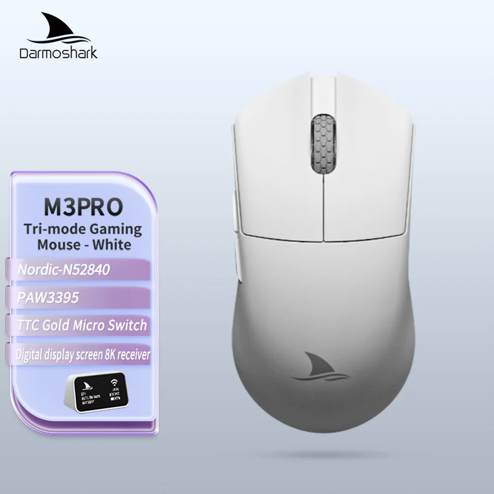 Mouse da gaming Darmoshark M3Pro 2.4G BT wireless tri-mode, sensore PAW3395, N52840, 26000DPI, mouse con driver macro per mani grandi per il gaming