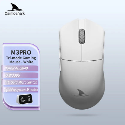Mouse da gaming Darmoshark M3Pro 2.4G BT wireless tri-mode, sensore PAW3395, N52840, 26000DPI, mouse con driver macro per mani grandi per il gaming