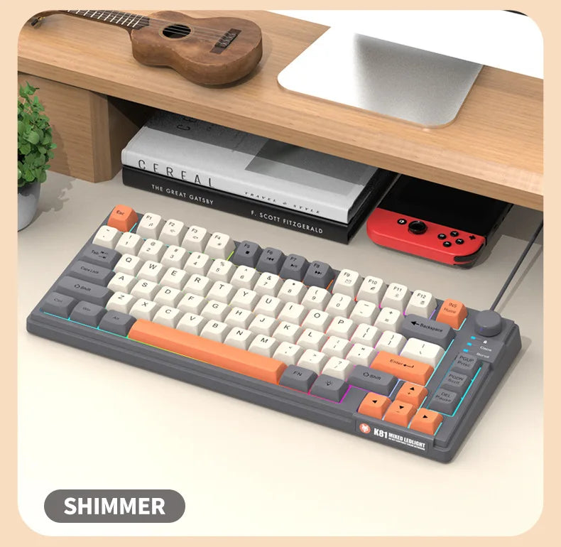Teclado Gaming K81 com 81 Teclas, Layout 80%, Espanhol, Russo, Coreano e Árabe, USB com Fio, Luz RGB, Botão de Volume, Ergonómico