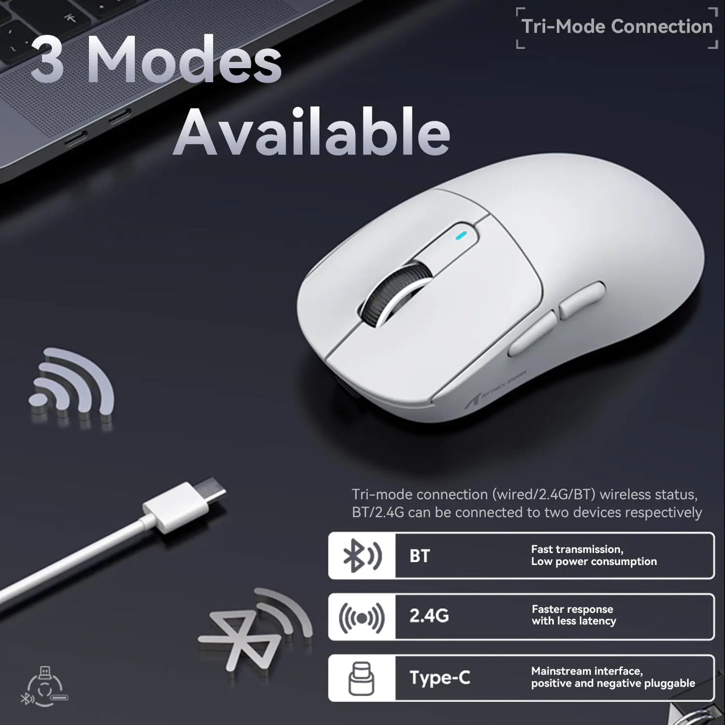 Mouse gaming wireless ATTACK SHARK X3 PixArt PAW3395 49g SUPERLIGHT, BT/2.4G wireless/cablato, 6 DPI regolabili fino a 26000