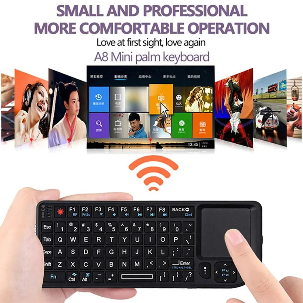 Teclado sem Fios A8 Mini 2.4G com Retroiluminação em 7 Cores, 3 em 1, Teclado Portátil com Touchpad e Air Mouse para Android TV Box, PC e Tablet