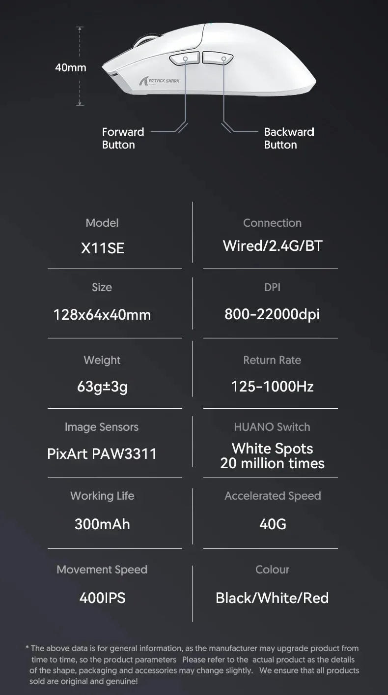Rato Gaming Sem Fios Ultraligeiro ATTACK SHARK X11SE, vida útil de 20 milhões de ciclos, PAW3311 Gaming, 22KDPI, 400IPS, 40G, 1KHz, 65 horas, 30mAH