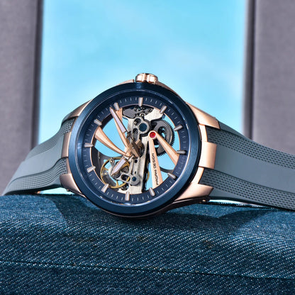 Zegarek męski PAGANI DESIGN – luksusowy model z mechanizmem automatycznym typu „skelet” (z widocznym mechanizmem), wyposażony w tourbillon, szkło szafirowe z powłoką antyrefleksyjną, wodoodporny i luminescencyjny.