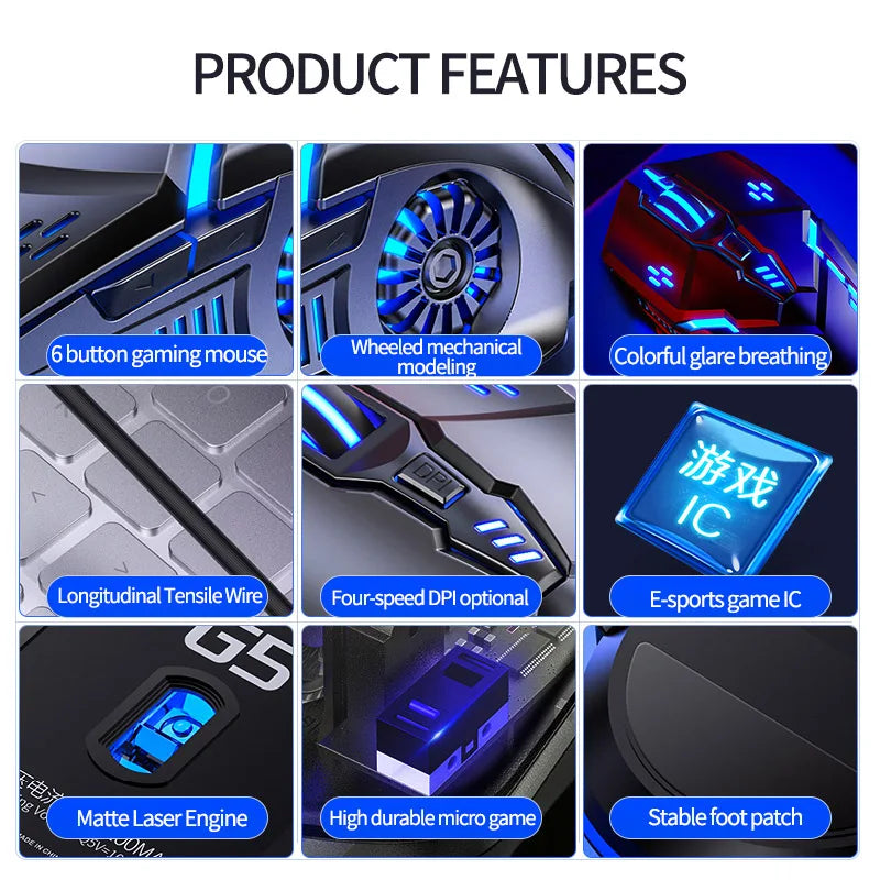 Ratón gaming ergonómico con cable YINDIAO RGB silencioso, retroiluminación LED, 3200dpi, 6 botones, G5 USB, ratón mecánico para PC, portátil y ordenador