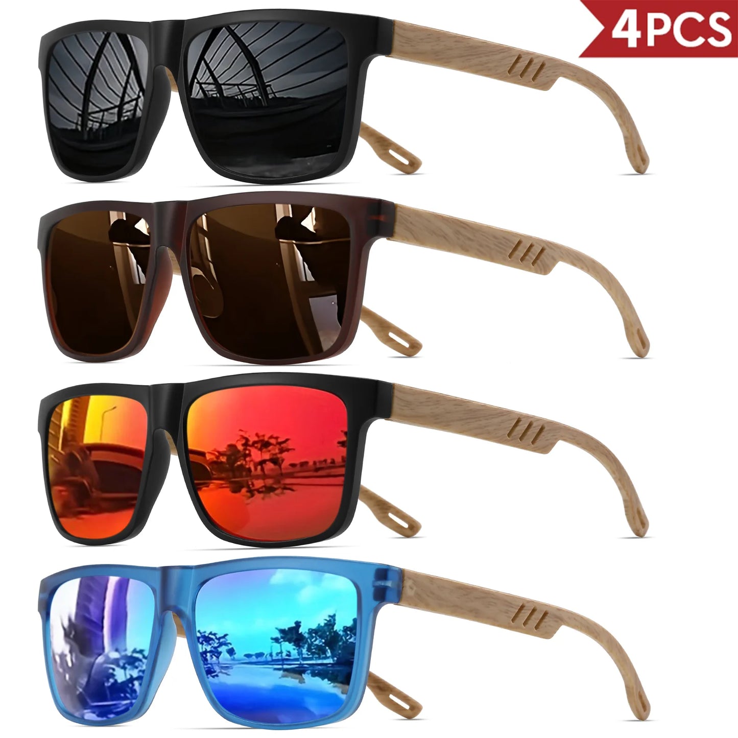 4PCS Wood Grain Spring Hinge Sunglasses - Classic Retro Square Frame, UV400 Unisex Comfort Fit for Daily Casual Wear