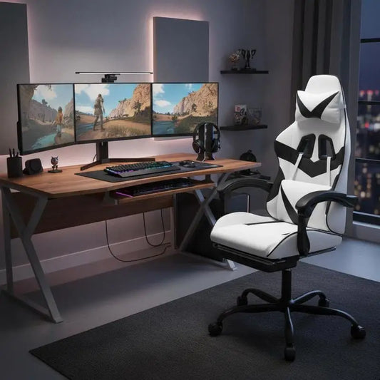 Gaming Chair with Footrest White and Black 57.5X59.5X121-131 cm in Imitation Leather, 360 Swivel Reclining Seat ° Can Carry 110 kg