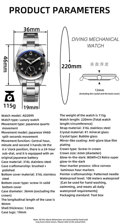 ADDIESDIVE 36mm Herren-Quarzuhr VH60 mit BGW9-Leuchtbeschichtung, Bubble-Mirror-Topfdeckelglas, 10Bar wasserdicht, Edelstahl-Uhr