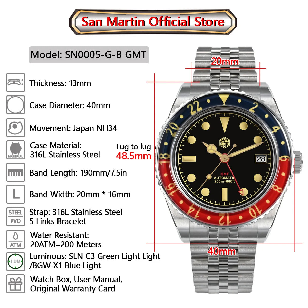 San Martin NH34 40mm GMT Luxury Sports Style Full Luminous Bidirectional Sapphire Bezel Automatic Mechanical Watch 20 Bar SN0005