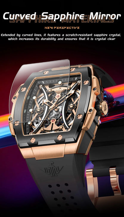 Relógio masculino OUPINKE clássico de luxo com mostrador tonneau, marca de topo, original, automático mecânico, bracelete em silicone e vidro de safira, novo
