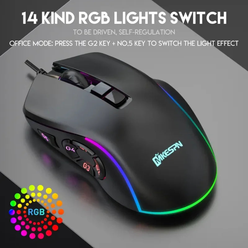 Kabelgebundene Gaming-Office-Maus 7200DPI mit RGB-Hintergrundbeleuchtung, 6 einstellbaren DPI-Stufen/10 programmierbaren Tasten/Zurück-zum-Desktop-Taste