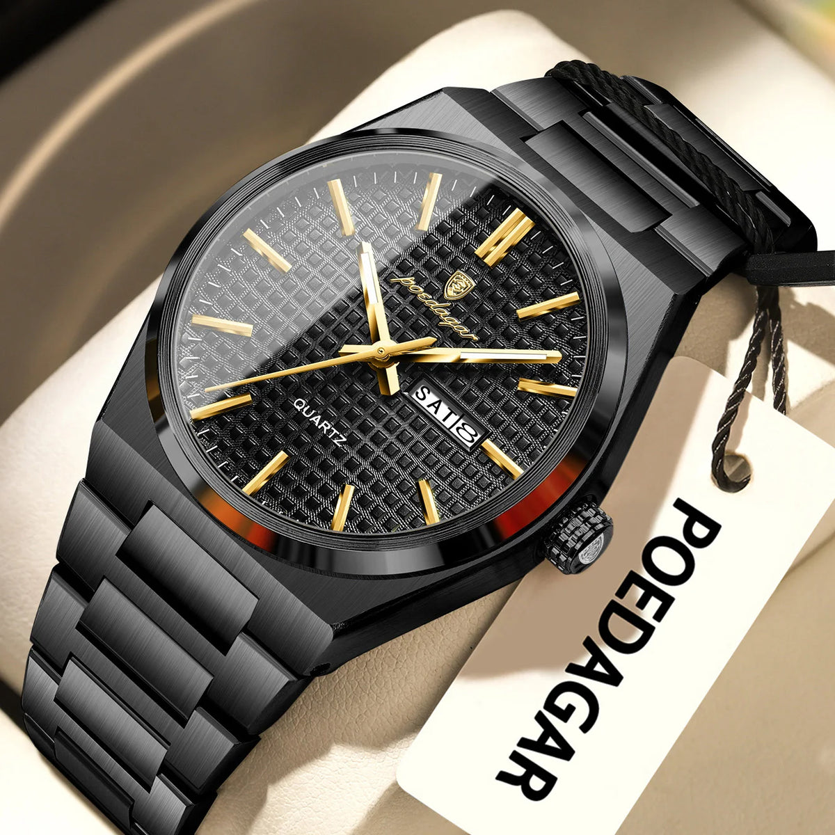 POEDAGAR luxury men’s wristwatch, water-resistant, luminous, stainless steel, with date and day of the week, quartz movement, business style.