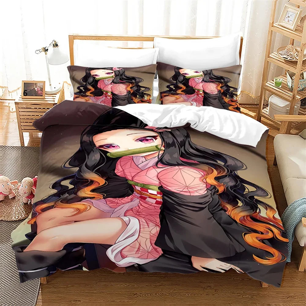 Nezuko Kamado patalynės komplektas, anime „Demon Slayer“ antklodės užvalkalas, patalynė, Single Twin Full Queen dydžiai, 3D dovana vaikams, mergaitėms ir berniukams