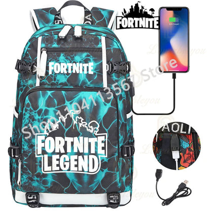 Mochila Yule Trooper F-Fortnited Battle Royale com carregamento USB, figuras anime e compartimento para material escolar para estudantes