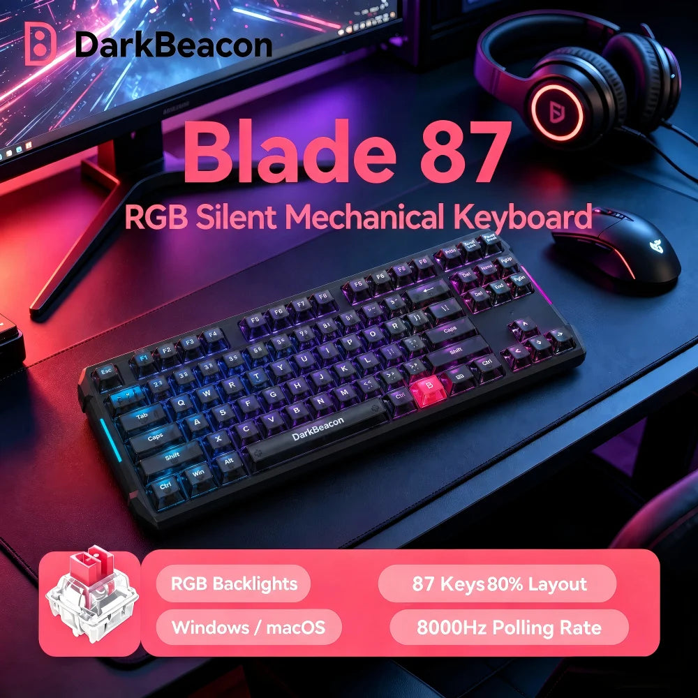 DarKBeacon RGB 87 tasti, tastiera compatta TKL USB cablata, hot-swappable, meccanica silenziosa per Windows, laptop, PC, gaming e lavoro