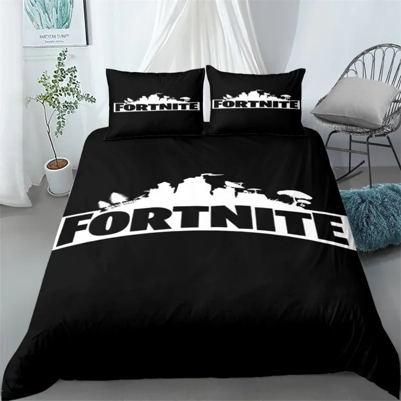 Fortnite-Bettwäsche-Set, 3-teilig, 3D-Druck, Bettwäsche für Schlafzimmer, Gaming-Cartoon-Dekor, Bettbezug und Kissenbezug, Geburtstagsgeschenk