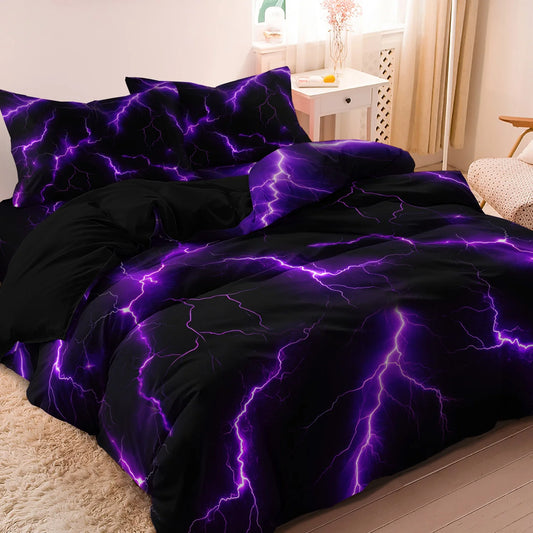 3Pcs Lightning Thunder Pattern Print Duvet Cover Bedding Set Soft Breathable for Four-Season Bedroom Dormitory Decoration