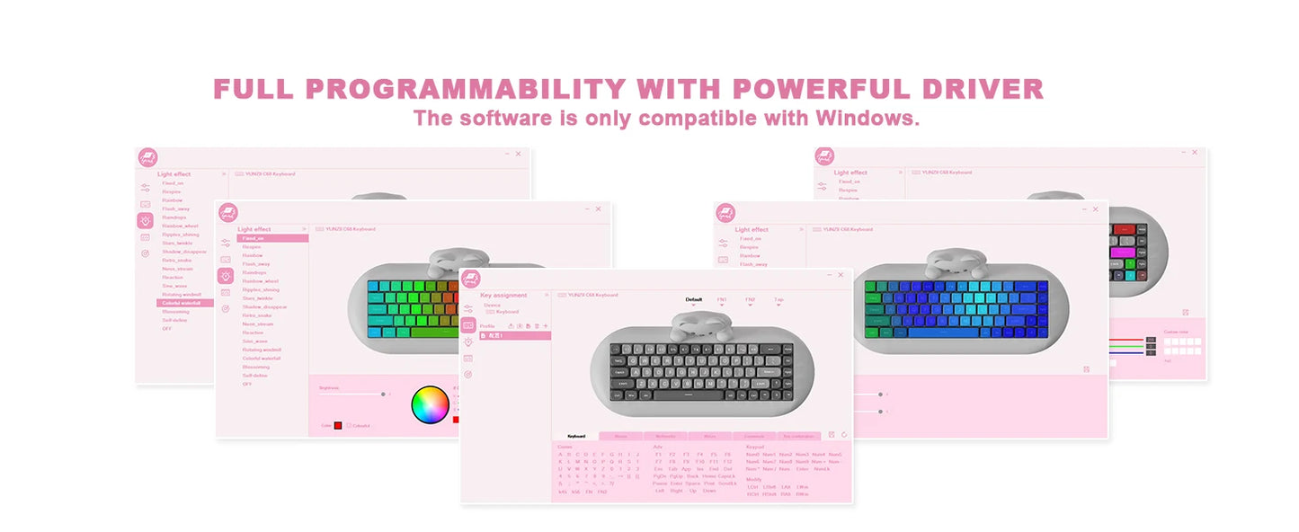 YUNZII C68 Pink 65% Hi-Fi Cute Cat Silicone Hot Swap NKRO Ergonomic Wireless BT5.0/2.4G/Wired RGB Mechanical Gaming Keyboard