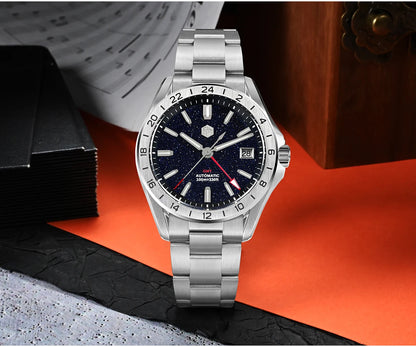 Relógio de Luxo para Homem San Martin 39mm com Mostrador em Pedra Aventurina, NH34 GMT Automático Mecânico, Safira, Impermeável e Luminescente SN0129
