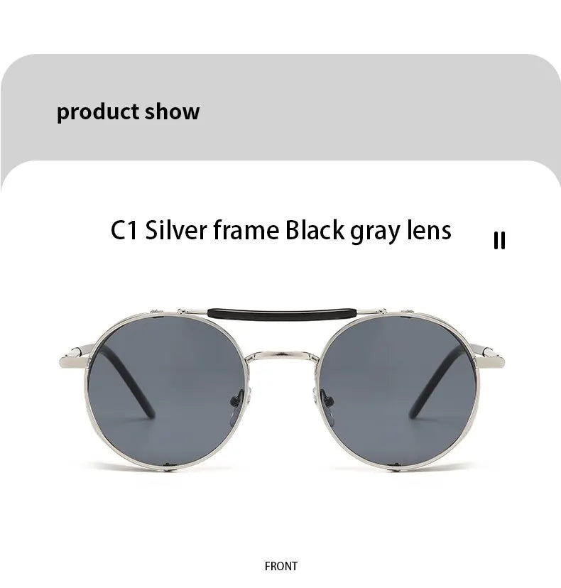 2023 Steampunk Side Wind Proof Mesh Flip Round Metal Sunglasses