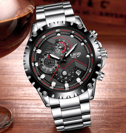 LIGE Men’s Watch – Trendy quartz watch, luxury brand, all-steel, professional style, water-resistant and sporty – Supplied with box