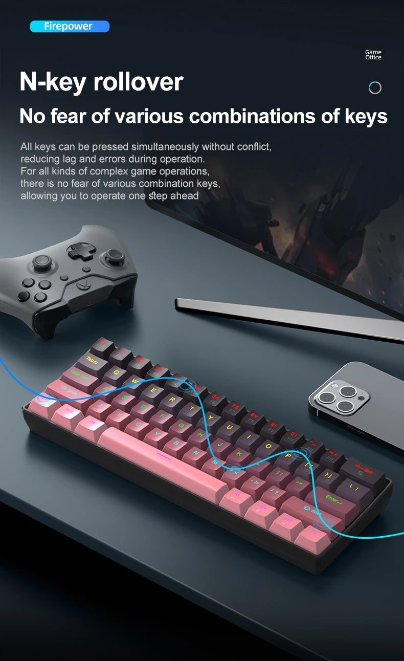 Teclado Mecânico Mini APAYADO K61, Com Fios, 61 Teclas, Phantom RGB, Switch Mecânico Vermelho/Azul Preto/Branco para Gaming, 60% Portátil