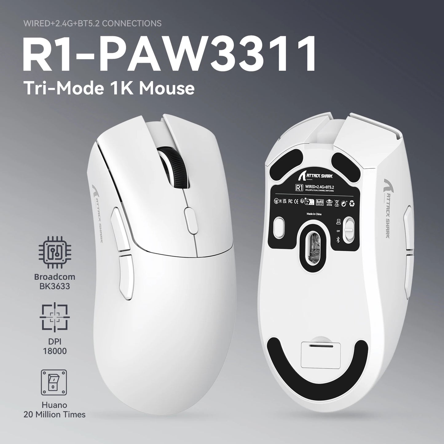 ATTACK SHARK R1 Tri-Mode-Gaming-Maus, PixArt PAW3311 Sensor, 18000 DPI, 1000hz, 59g ultraleicht für große Hände, für PC/Mac