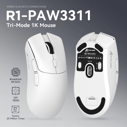 ATTACK SHARK R1 Tri-Mode-Gaming-Maus, PixArt PAW3311 Sensor, 18000 DPI, 1000hz, 59g ultraleicht für große Hände, für PC/Mac