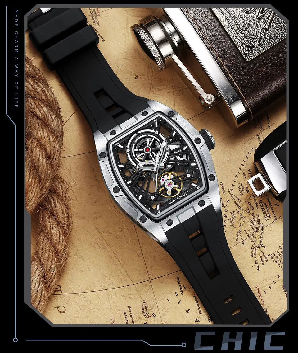 MINI FOCUS Men Wristwatch Fashion Black Waterproof Automatic Mechanical Watch with Luminous Hands Silicone Strap Tonneau Dial