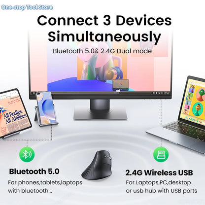 Mouse wireless Bluetooth 5.0 2.4G ergonomico 4000DPI con 6 pulsanti silenziosi per MacBook, tablet, laptop e computer PC