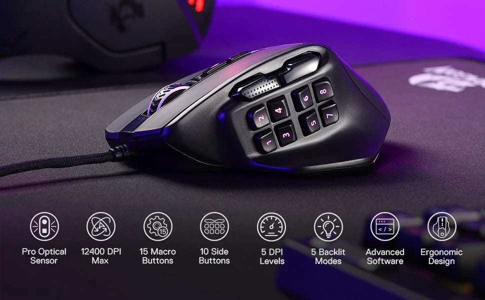 Redragon M811 Aatrox MMO-Gaming-Maus, kabelgebundene RGB-Gamer-Maus mit 15 programmierbaren Tasten und ergonomischer, natürlicher Griffform