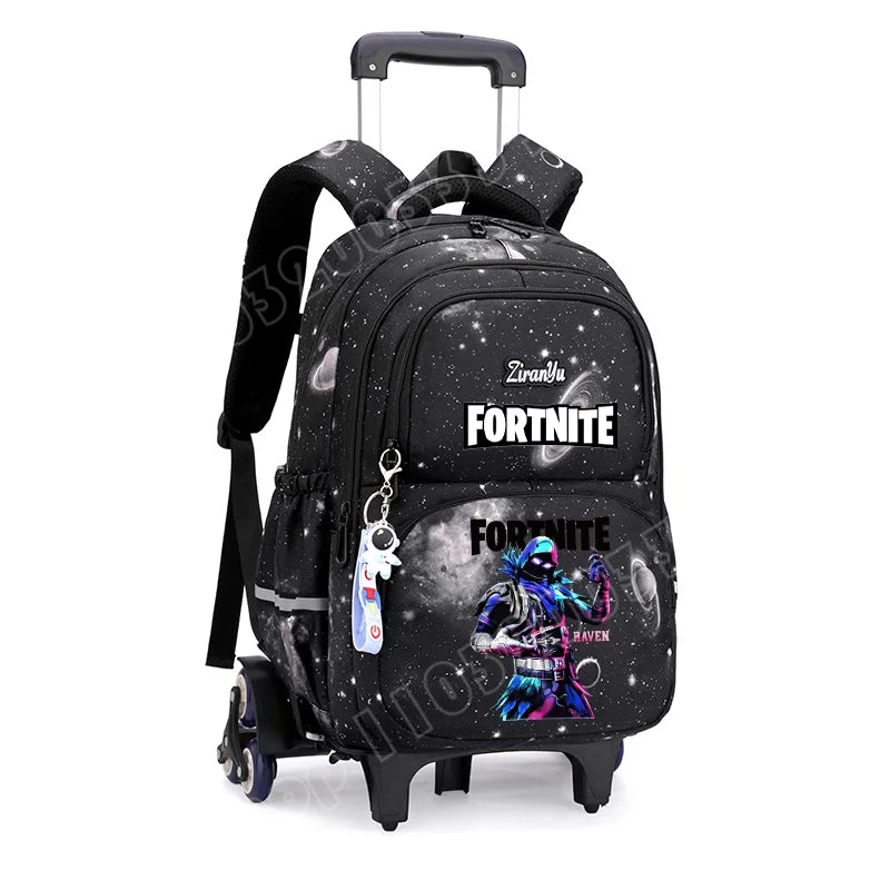 Mochila com Rodas Fortnite Anime, Impermeável, de Grande Capacidade, para Estudante — Saco Escolar Casual de Viagem com Carrinho e Subida Fácil de Escadas