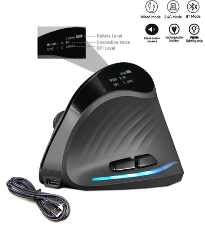 Wiederaufladbare kabellose vertikale Maus mit Display – ergonomische Maus mit 6 programmierbaren Tasten für Gaming und Desktop