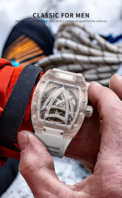 PINDU Designer Hollow Tonneau Mechanical Watch Men Luxury Brand Skeleton Automatic Watches Mens Sport Silicone Wristwatch JH3105