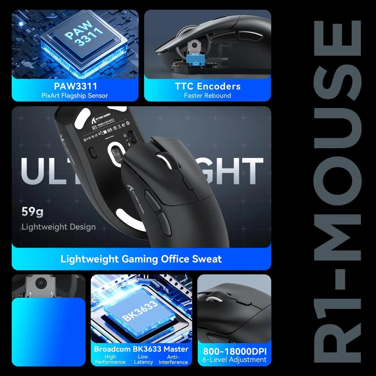 ATTACK SHARK R1 59g SUPERLIGHT Mouse, PixArt PAW3311 Gaming Sensor, 6 Adjustable DPI up to 18000, 65 Hrs Battery, G502