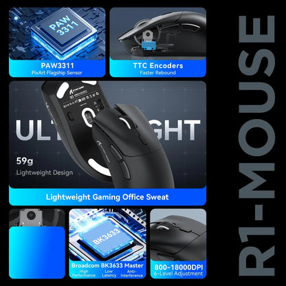 ATTACK SHARK R1 59g SUPERLIGHT Mouse, PixArt PAW3311 Gaming Sensor, 6 Adjustable DPI up to 18000, 65 Hrs Battery, G502