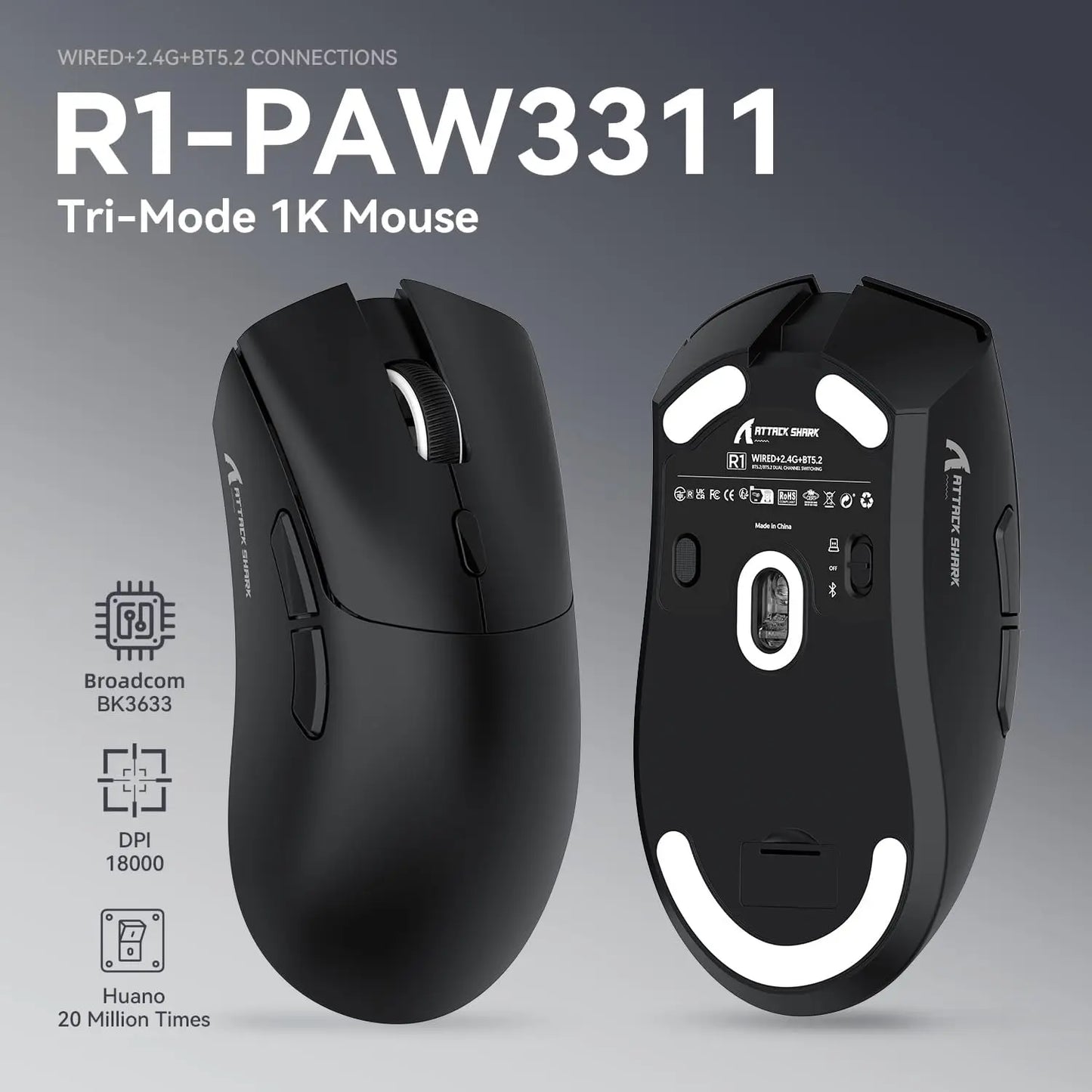 ATTACK SHARK R1 59g SUPERLIGHT Mouse, PixArt PAW3311 Gaming Sensor, 6 Adjustable DPI up to 18000, 65 Hrs Battery, G502