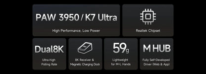 Mouse gaming wireless MCHOSE K7 Ultra PAW3950 con doppio polling rate 8K, leggero, dock di ricarica wireless magnetica, per esport e ufficio