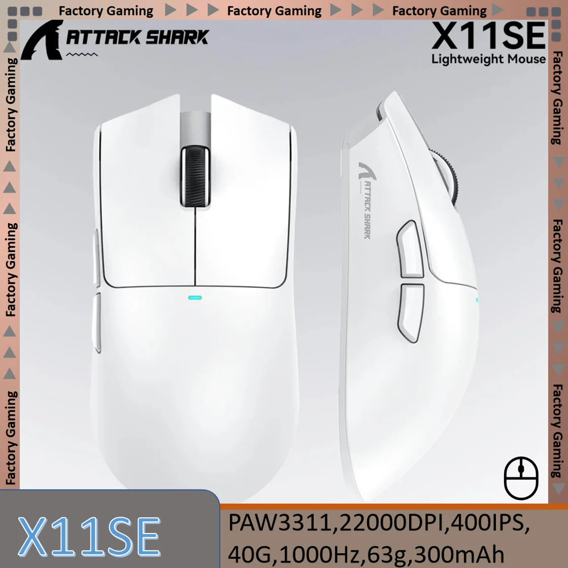 Rato Gaming Sem Fios Ultraligeiro ATTACK SHARK X11SE, vida útil de 20 milhões de ciclos, PAW3311 Gaming, 22KDPI, 400IPS, 40G, 1KHz, 65 horas, 30mAH