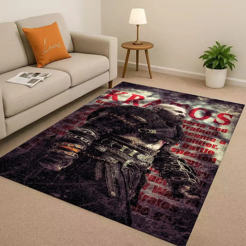 Game God of War Kratos Cartoon Gamer Living Room Non-Slip Area Rug Soft Carpet for Bedroom Playroom Sofa,Easy Clean Home Doormat