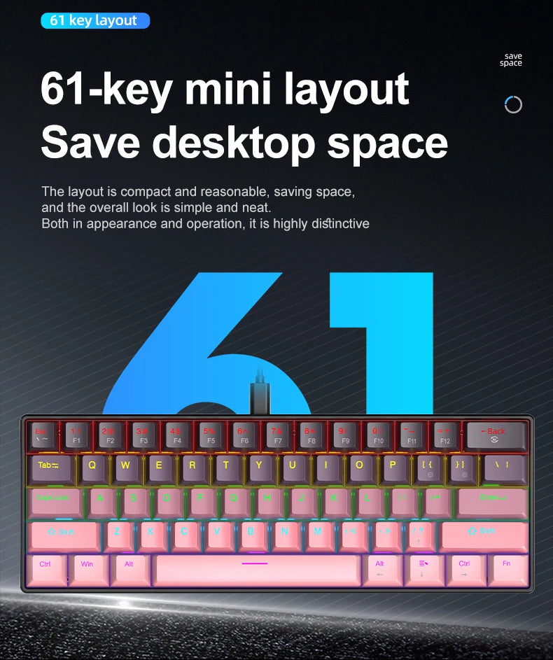 Teclado Mecânico Mini APAYADO K61, Com Fios, 61 Teclas, Phantom RGB, Switch Mecânico Vermelho/Azul Preto/Branco para Gaming, 60% Portátil