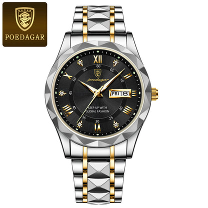Relógio de homem POEDAGAR Business Luxury, estanque, em aço inoxidável, luminoso, com data e dia da semana, estilo desportivo, de quartzo.